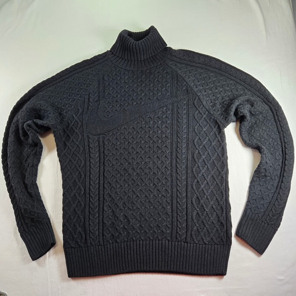 Nike Life‎ Mens XS Black Wool Blend Cable Knit Turtleneck Sweater Swoosh Logo - Picture 1 of 10